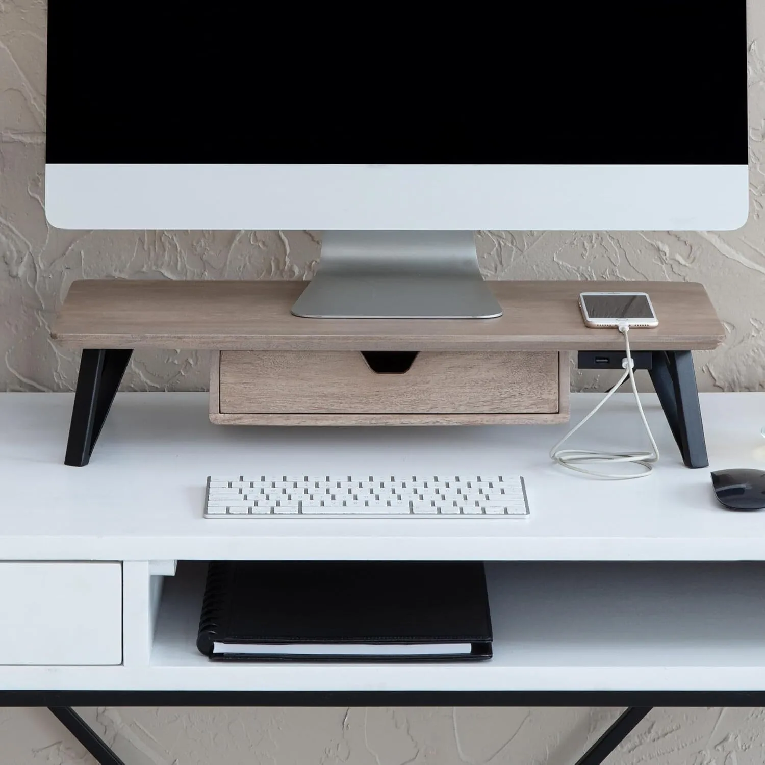 Soporte de madera para monitor con cajón y puertos USB para organizar el escritorio 1