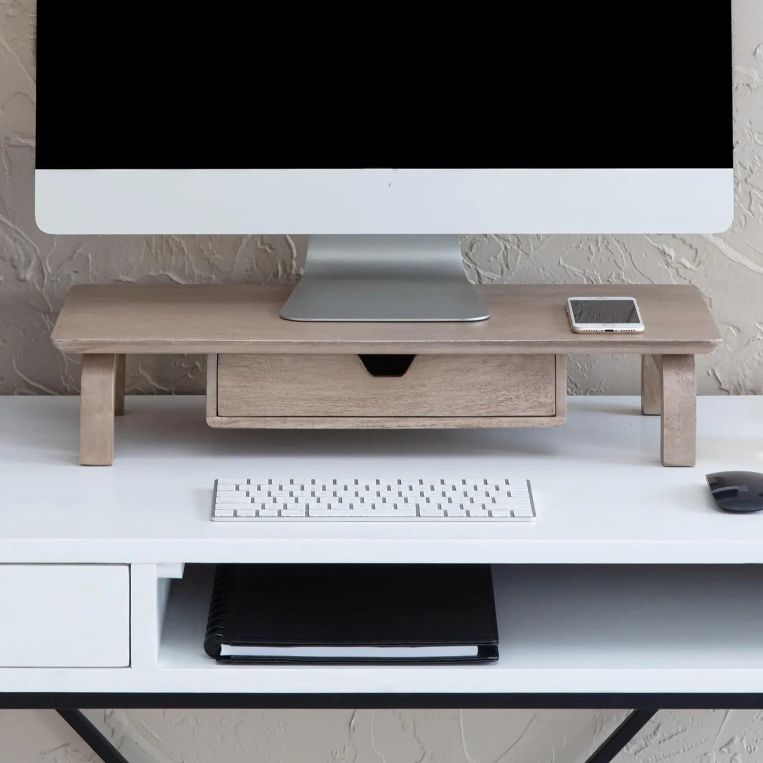 Elegante soporte para monitor de madera y metal con cajón para organizar el escritorio 1