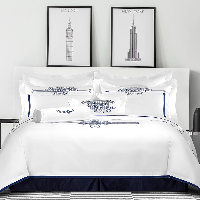 ELIYA Blue Embroidery 100% Cotton Hotel Bedding Set logo Luxury 5 Star Hotel Bed Sheet Set Wholesale 1