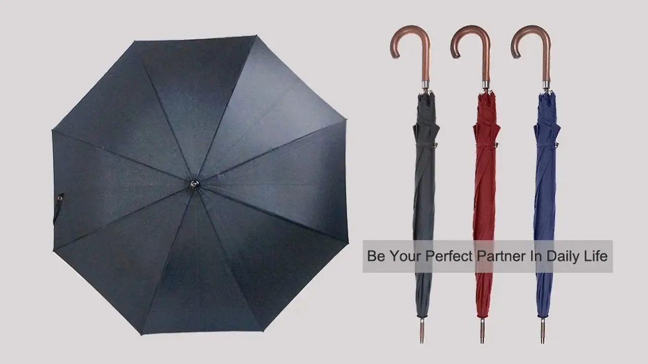 Customized Logo Luxury Wooden Curved Handle Automatic Opening Straight Umbrella Windproof Stick Umbrella 1