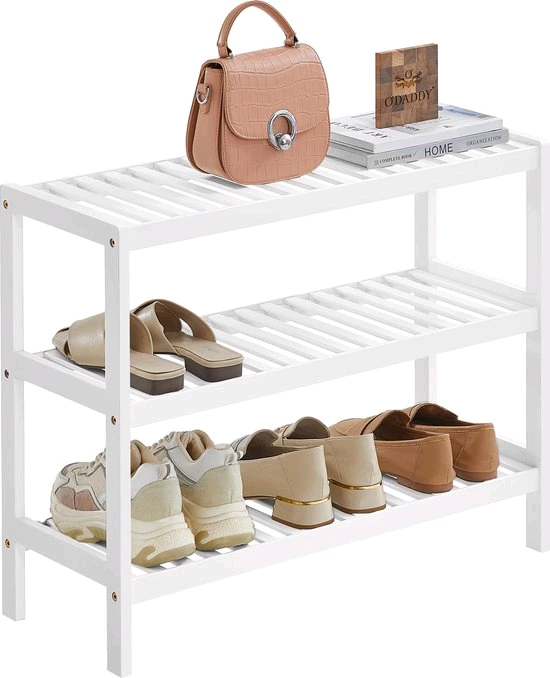 Bamboo 3-Tier Shoe Rack for Living Room,White 1