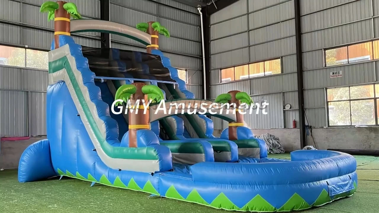 Blue Palm Tree Tropical Jungle Double Lane Water Inflatable Waterslide Inflatable Slide GMY Inflatables 1
