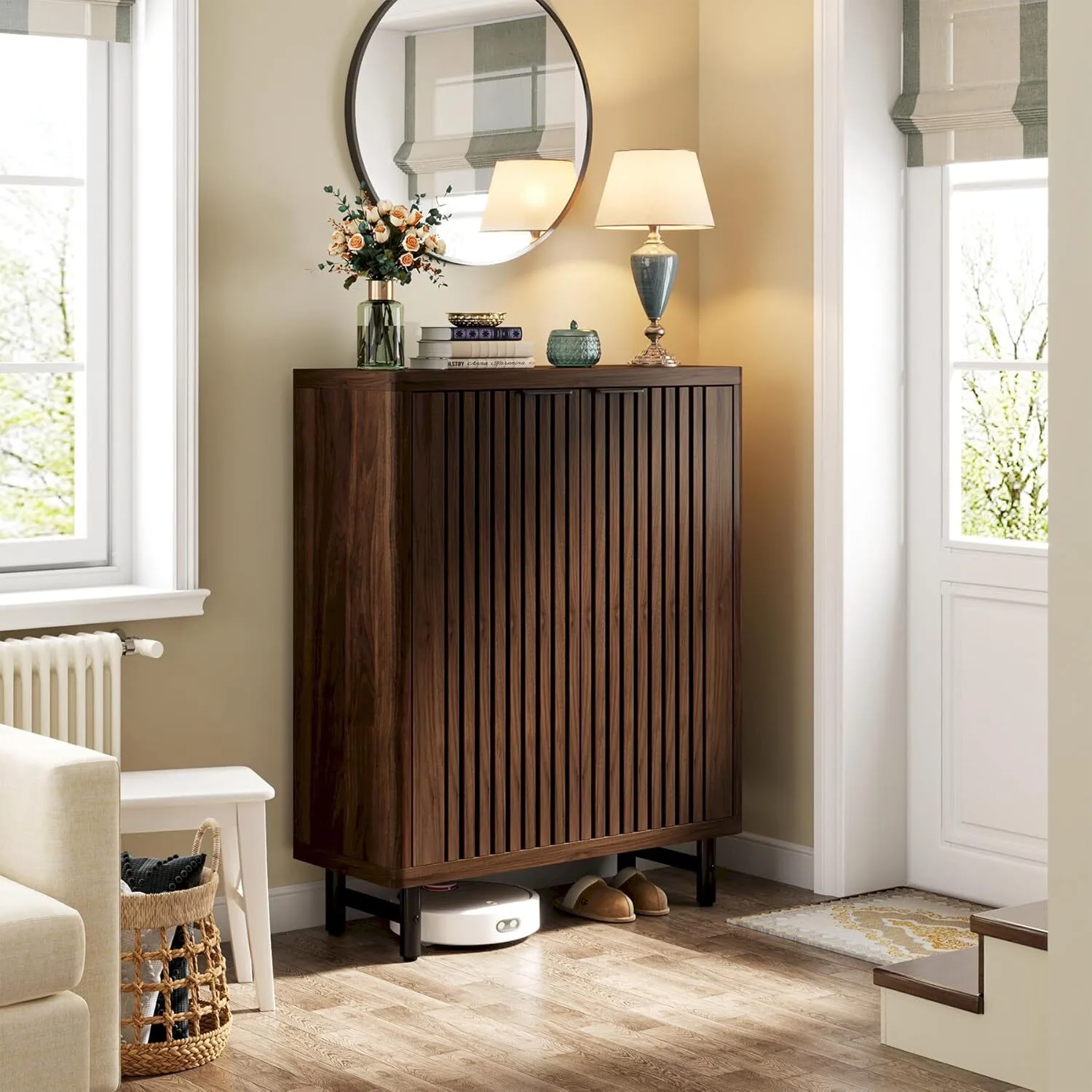Combohome 6-Tier Shoe Cabinet with Shutter Doors, Large Wooden Shoe Organizer Rack with Adjustable Shelves, Modern Farmhouse Hidden Storage Furniture for Entryway, Hallway (Dark Walnut) 1