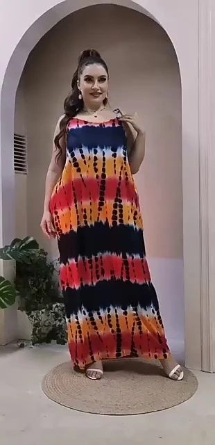 Boho Tie-Dye Maxi Dress with Adjustable Straps Plus Size Flowy Beach Dress OEM Custom Wholesale from Direct Factory 1
