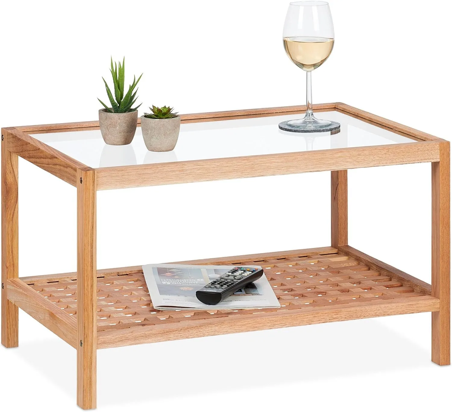 Wood Coffee SideTable with Glass Top and Storage Shelf for Livingroom 1