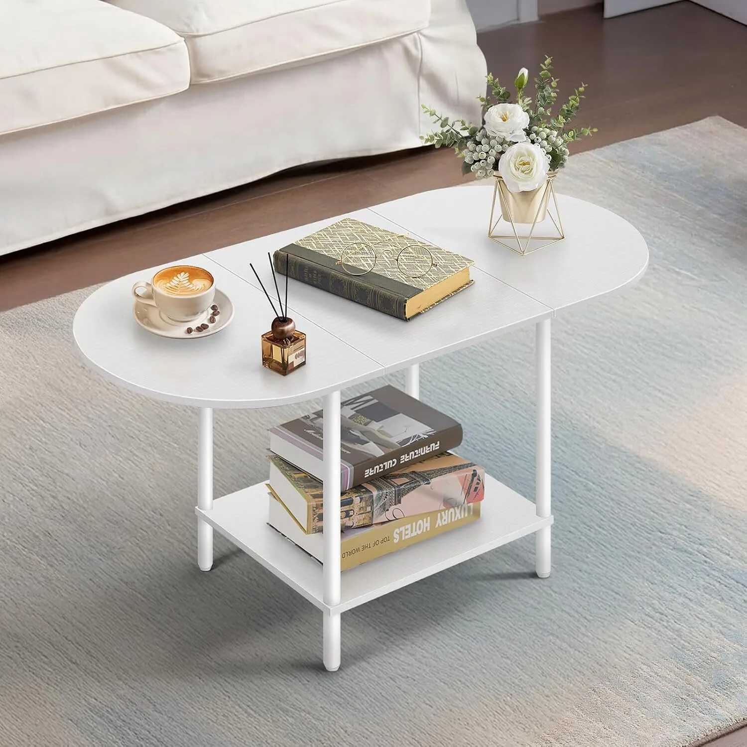 Wood 2 Tier Table with Storage Shelf and Wood Tabletop for Small Space,White 1