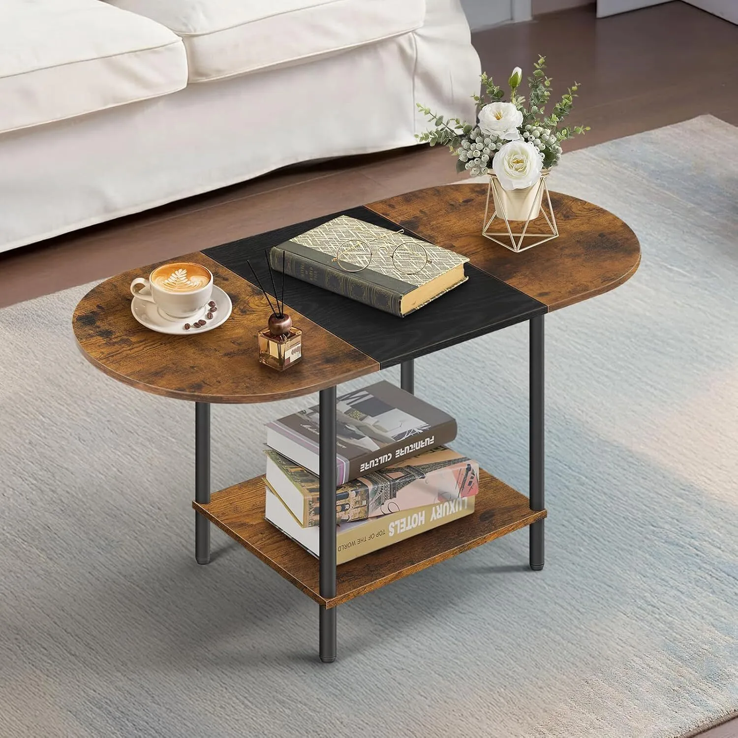 Mid Century 2 Tier Wood Coffee Table with Storage Shelf and Wood Tabletop 1