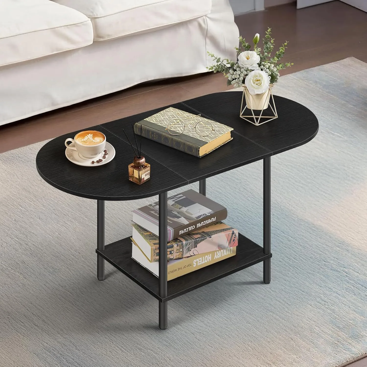 Wood 2-Tier Farmhouse Coffee Table with Storage Shelf and Wood Tabletop,Black 1