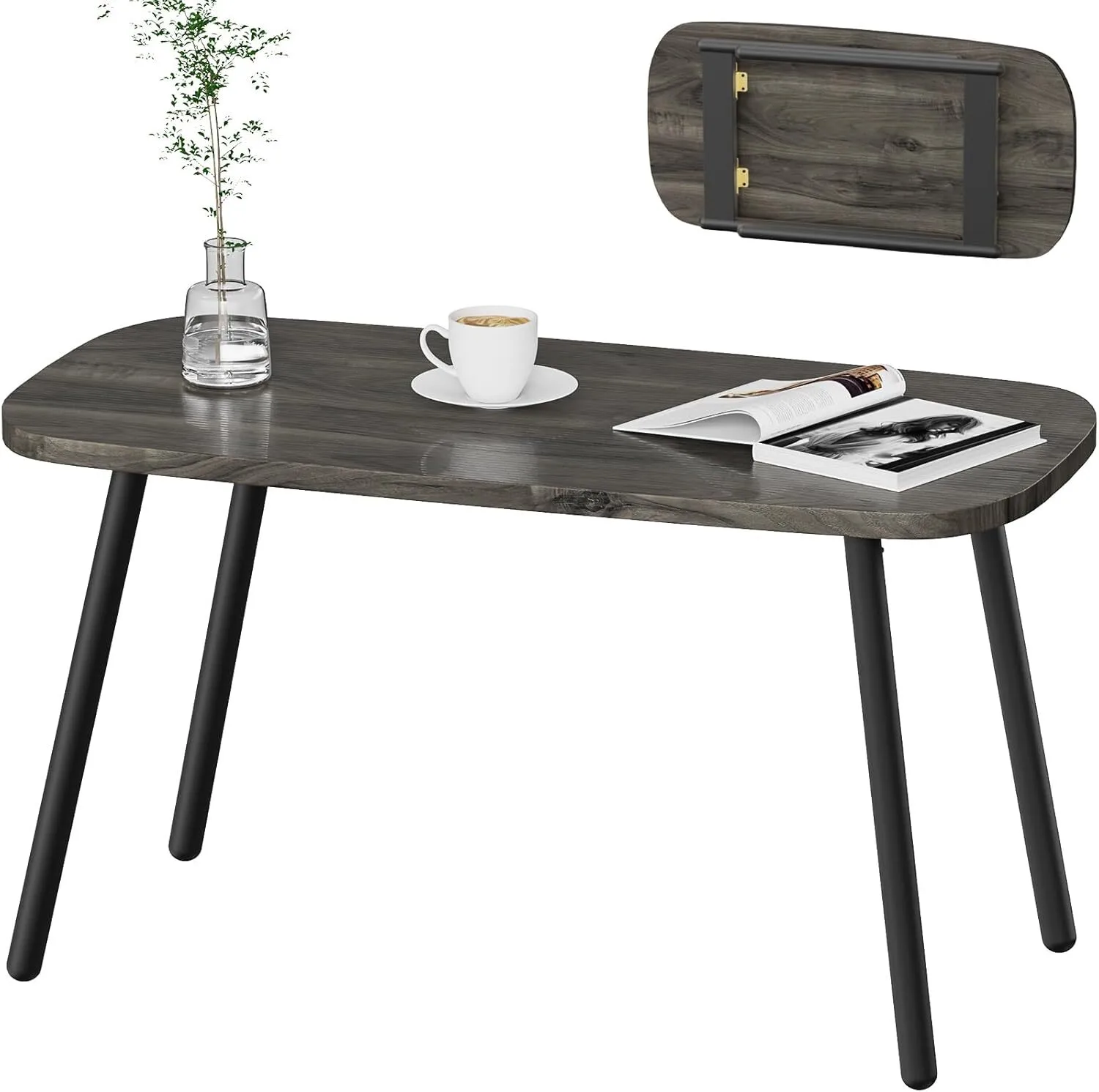 Wood Foldable Coffee Table with Metal Legs for Living Room, Home, Office, No Assembly 1