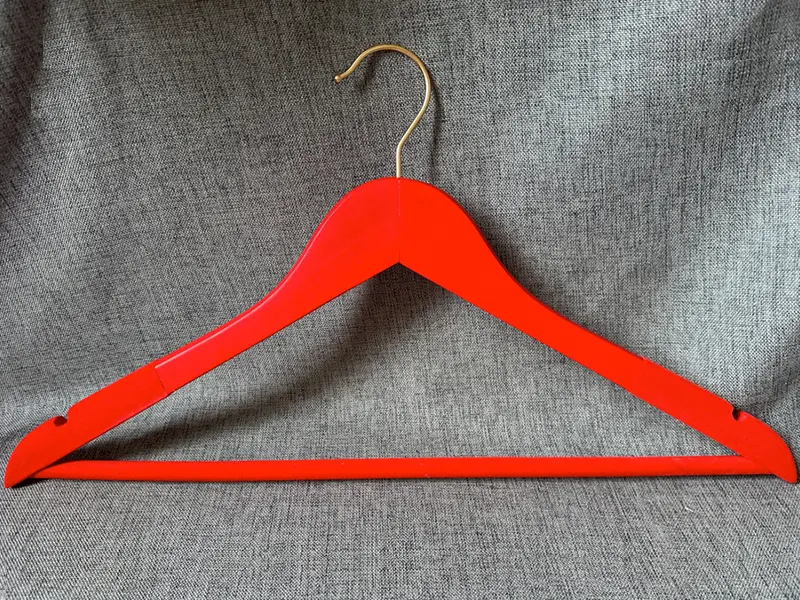 Custom red wooden hanger with gold hook 1