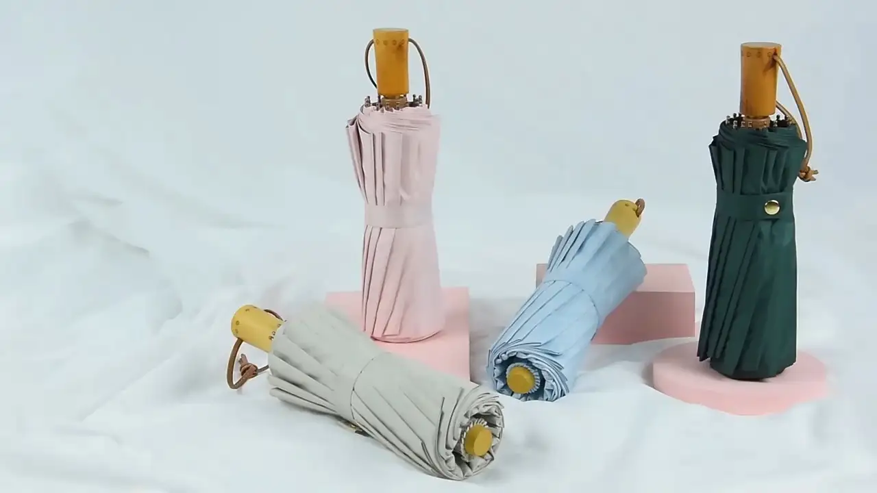 Parapluie manuel à 3 plis avec logo personnalisé, protection UV, avec revêtement coloré, manche en bois, pare-soleil, cadeau pour femme, pour la pluie 1