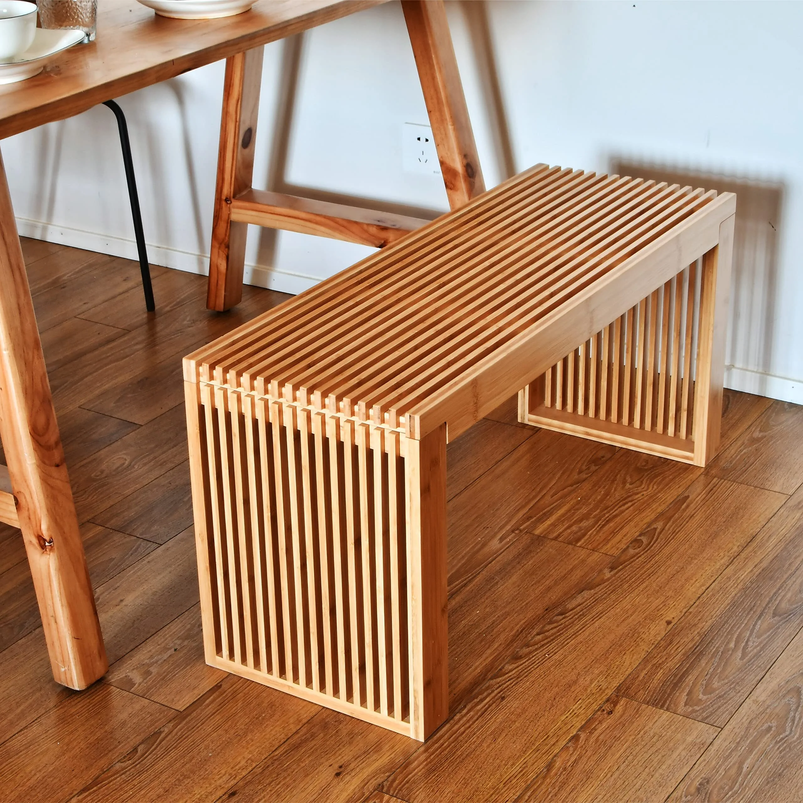 Bamboo Dining Bench, 35 inch Farmhouse Decor Indoor Kitchen Table Bench, Entryway Shoe Rack Bench 1