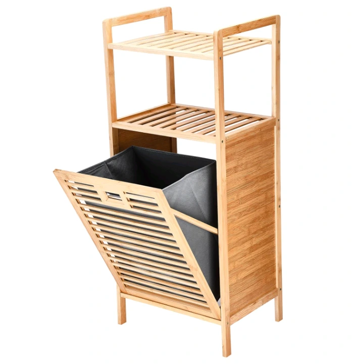 Bamboo Tilt Out Laundry Hamper with 2-Tier Shelves and Removable Liner 1