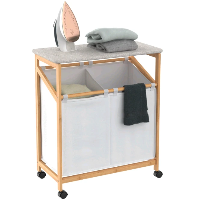Bamboo Laundry Hamper Cart with Ironing Board Folding Station and Wheels 1