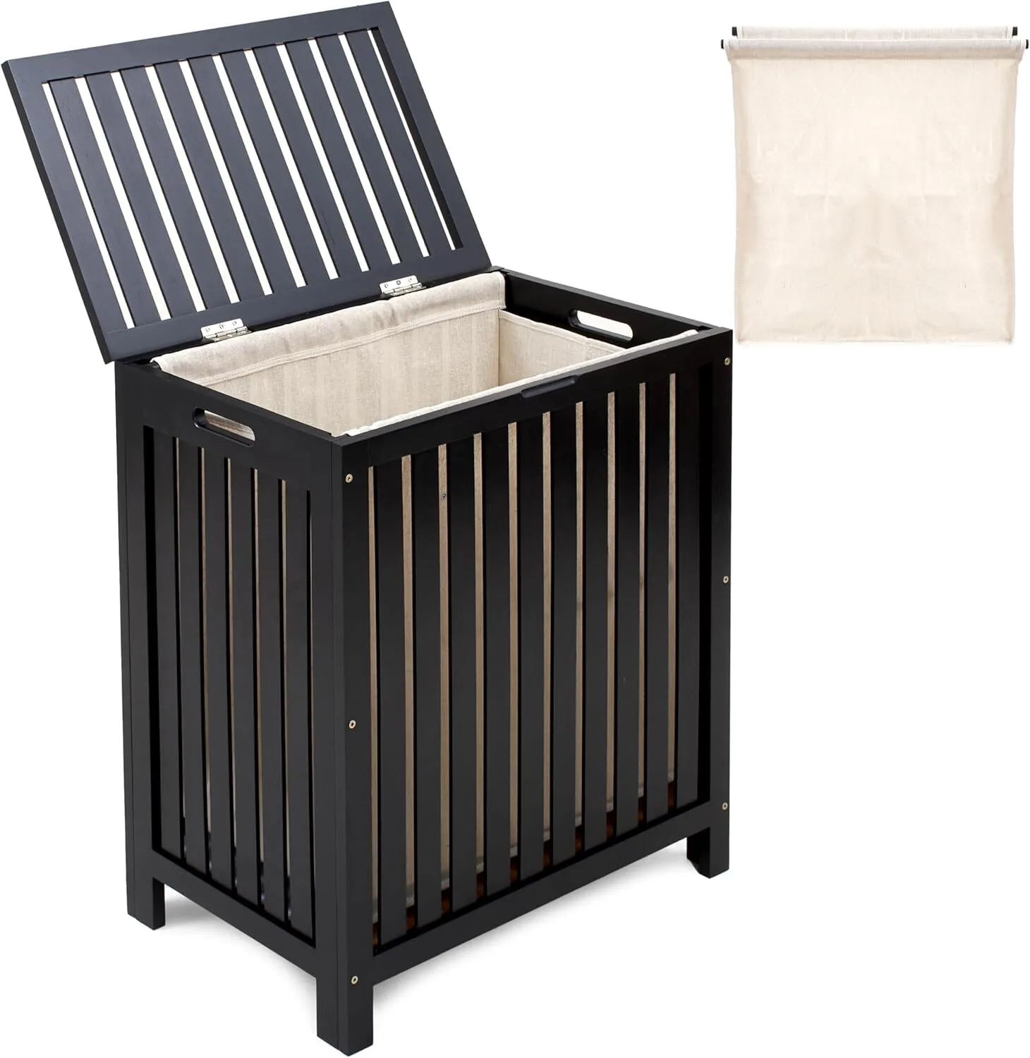 Bamboo Laundry Hamper Basket Storage with Canvas Liner and Wooden Rods,Black 1