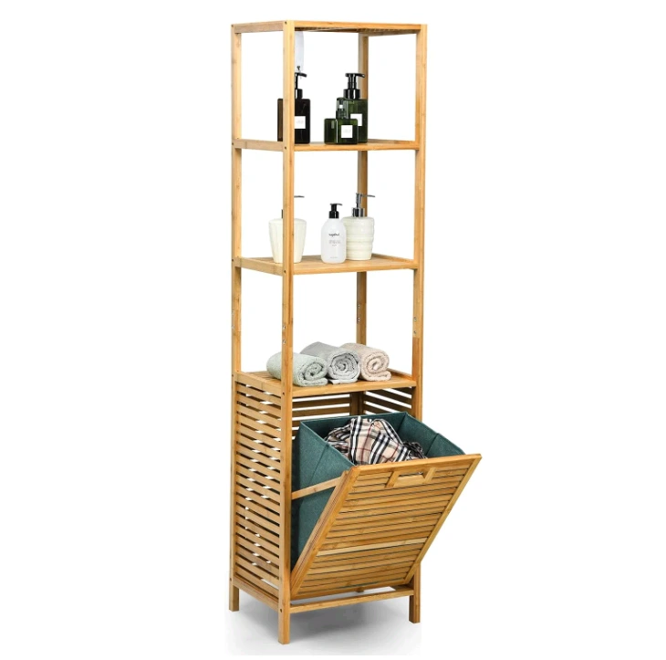 4 Tier Bamboo Shelves with Tilt Out Laundry Hamper for Laundry Room, Bathroom, Bedroom 1