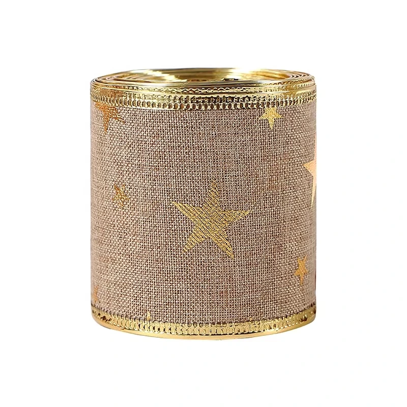 MSD 6.3cm Width Christmas Burlap Gold Print Pattern Wired Edge Ribbon and Support Customization Manufacturer 1