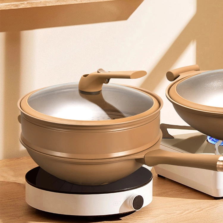 Wok With Steamer Basket New Design 32cm Clay And Aluminum Non-stick Wok 1