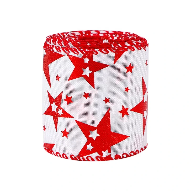 MSD White Ribbon With Red Stars Pattern Christmas Burlap Wired Ribbon 1