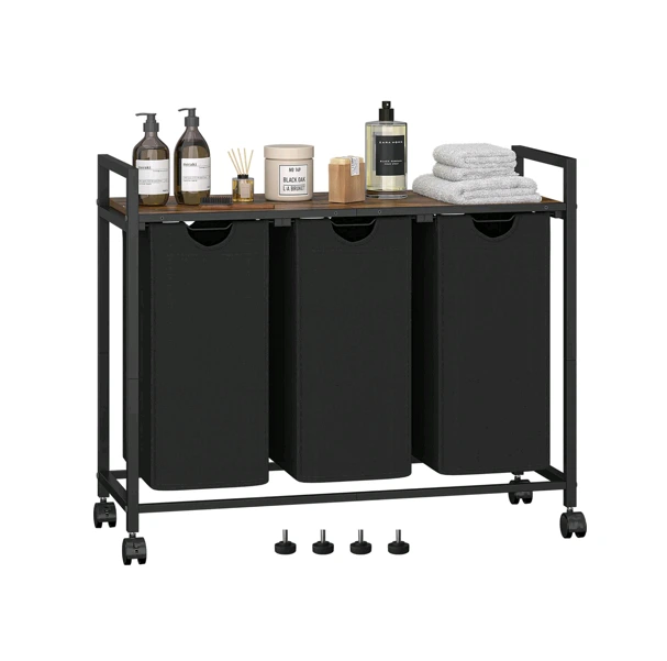 Wood Laundry Hamper with 3 Pull-Out and Removable Bags and Table 1