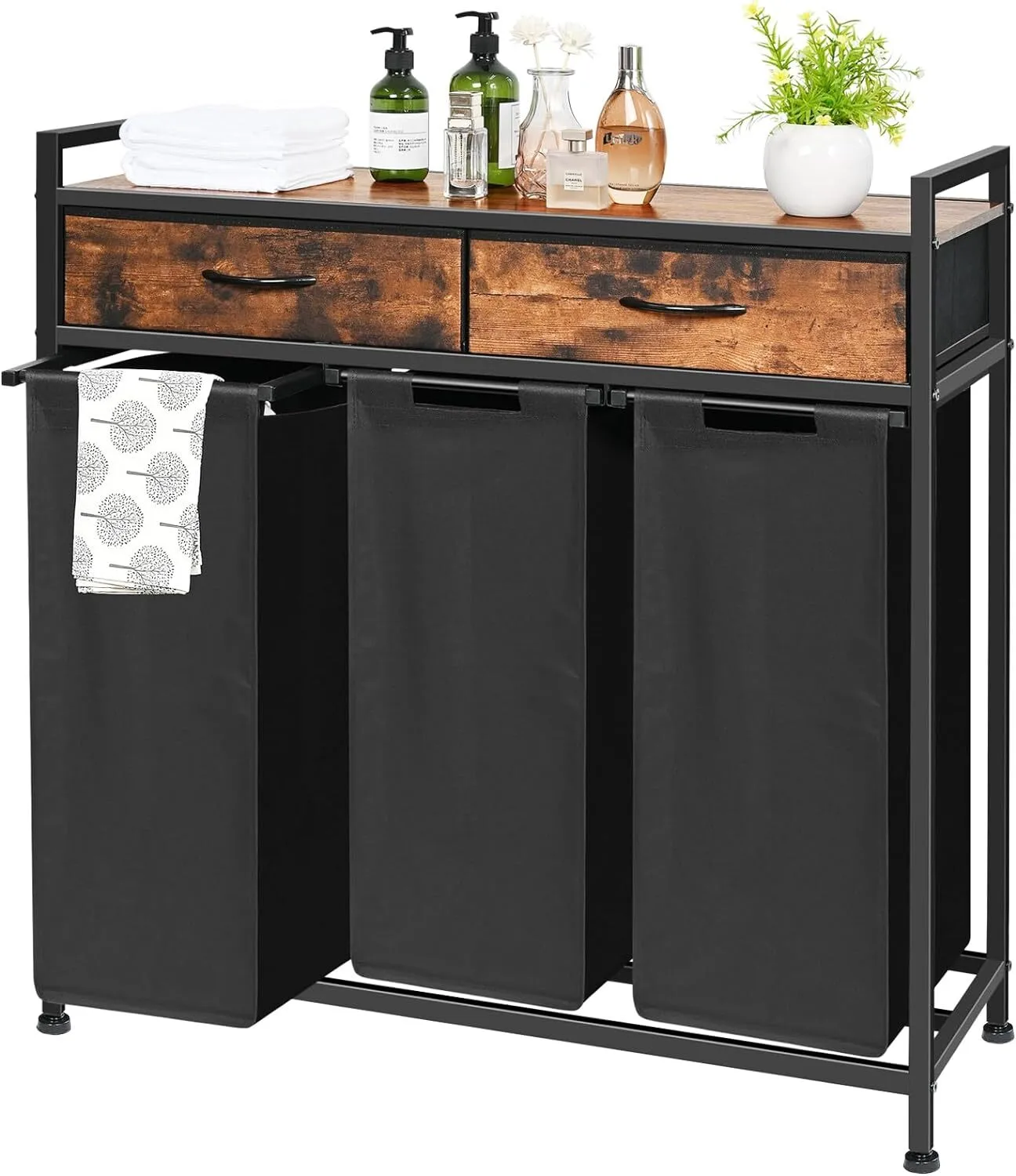 Wood Laundry Hamper with Removable Oxford Fabric Laundry Bags,Shelf and 2 Drawers 1