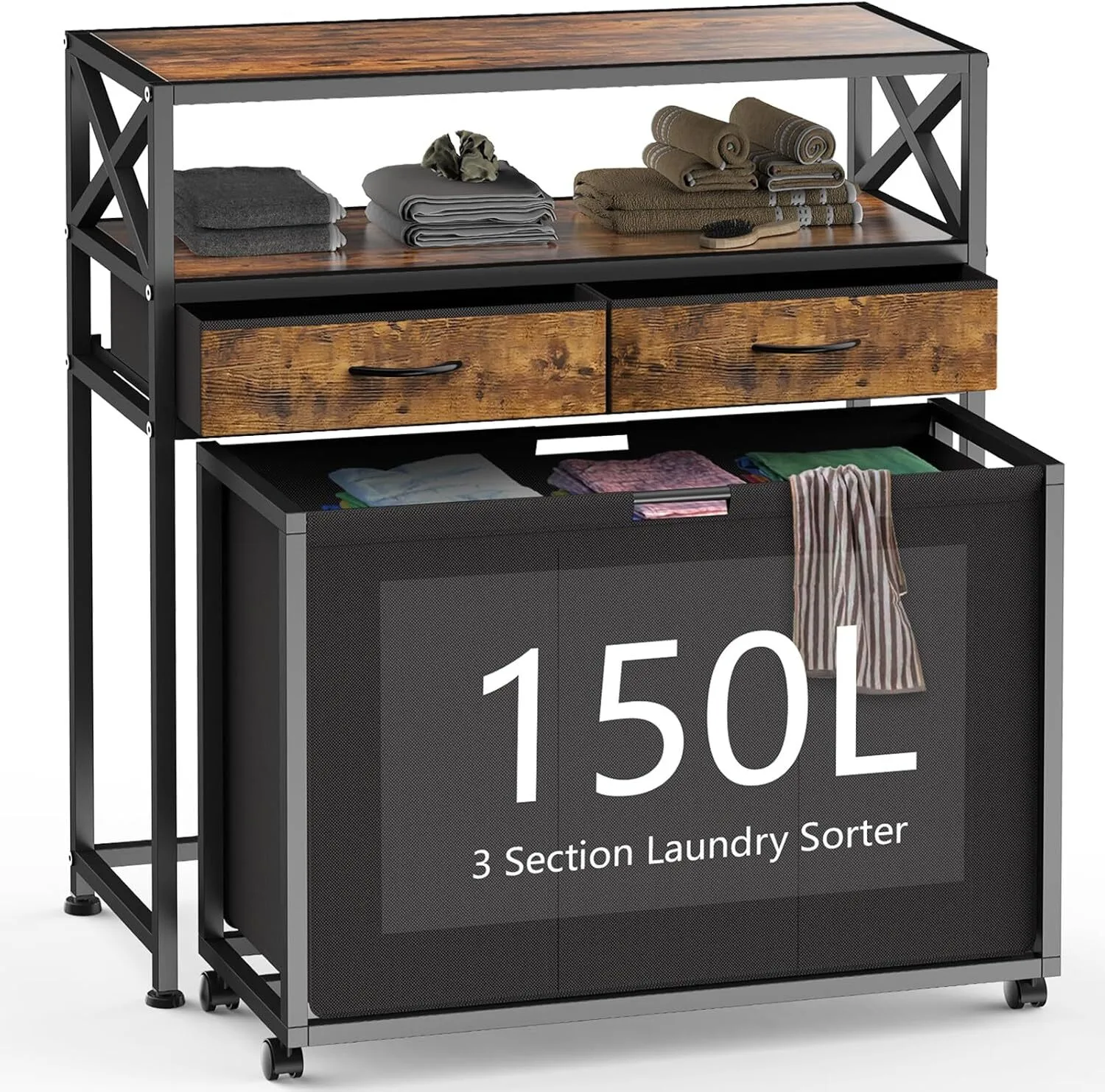 Wood Laundry Hamper with 3 Section Pull-Out Bags,Drawers and Shelves,Black 1