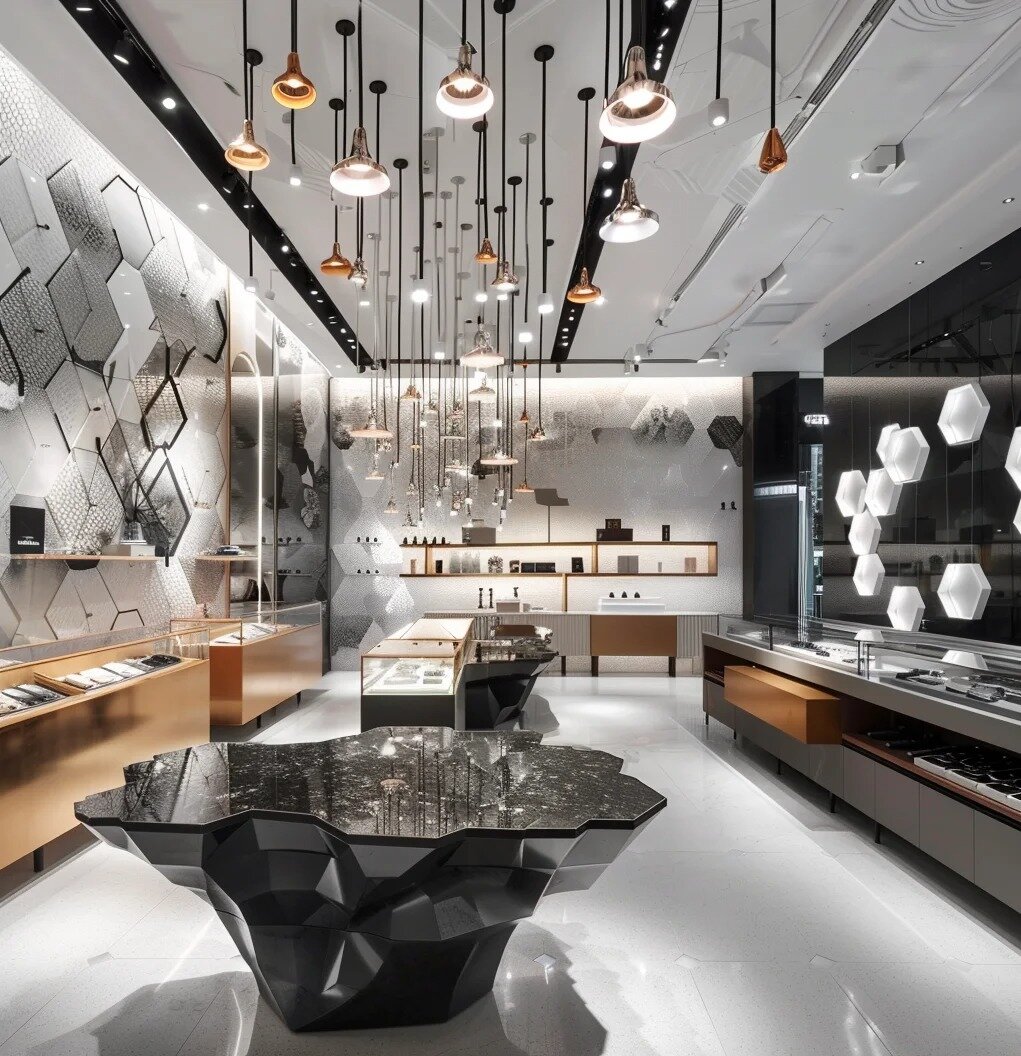 Las tiendas de joyas de lujo exhiben escaparate de joyas de diseño negro y dorado 5