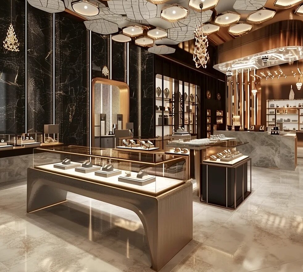 Las tiendas de joyas de lujo exhiben escaparate de joyas de diseño negro y dorado 2