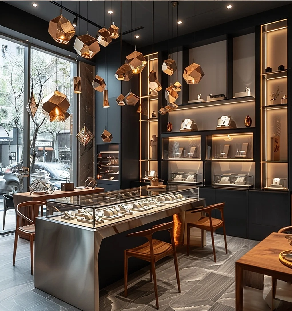 Las tiendas de joyas de lujo exhiben escaparate de joyas de diseño negro y dorado 3