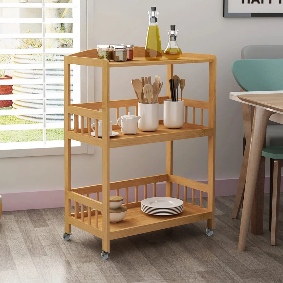 Kitchen Trolley on Wheels Storage Trolley with Wheels Serving Trolley Rack Trolley Bamboo with 3 Shelves, Kitchen Shelf Organiser Trolley, Mobile Utility Trolley, Side Trolley 1