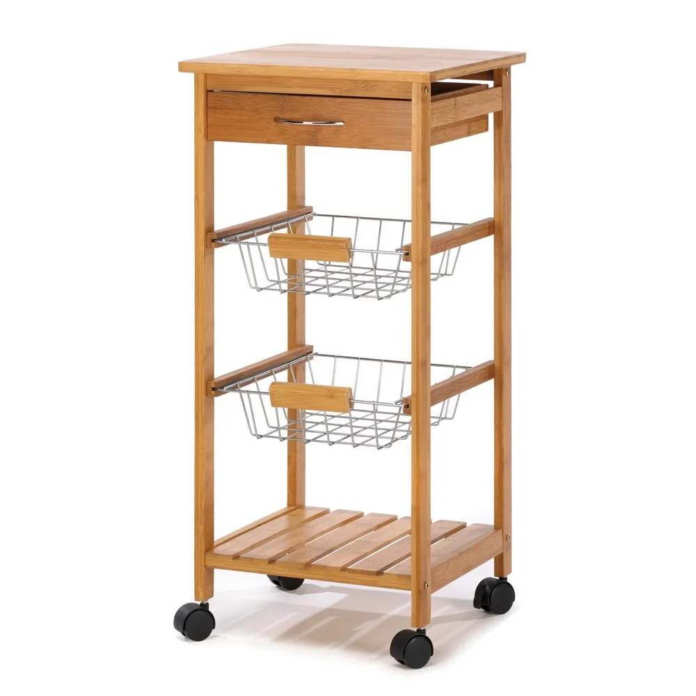 Carrito de cocina de bambú 100% natural con 4 ruedas y 2 cestas, carrito de servicio de cocina de madera con un cajón y armario 1
