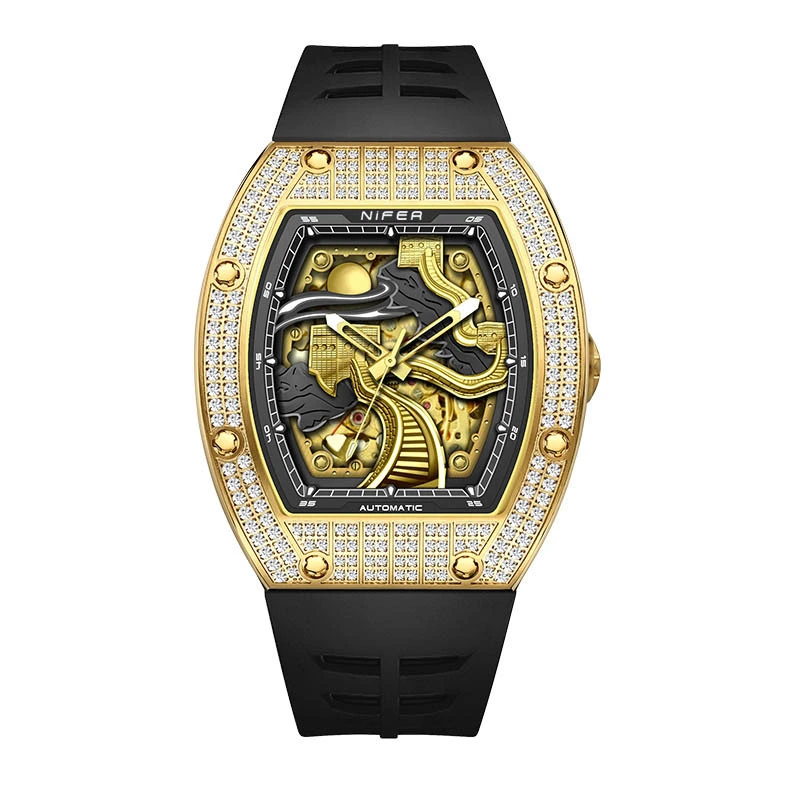 Mechanical hollow movement silicone strap diamond-studded business casual men's watch 1