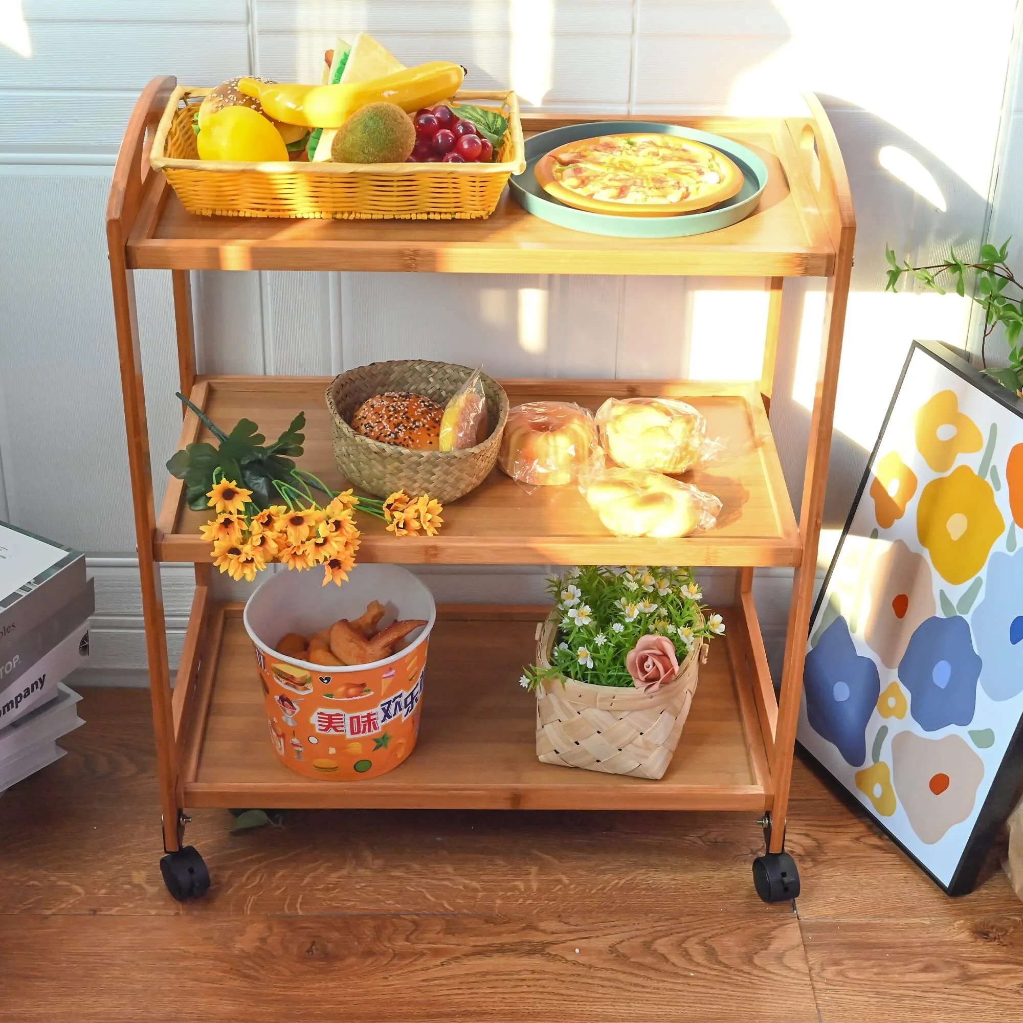 Kitchen Trolley on Wheels Storage Trolley with Wheels Serving Trolley Rack Trolley Bamboo with 3 Shelves 1