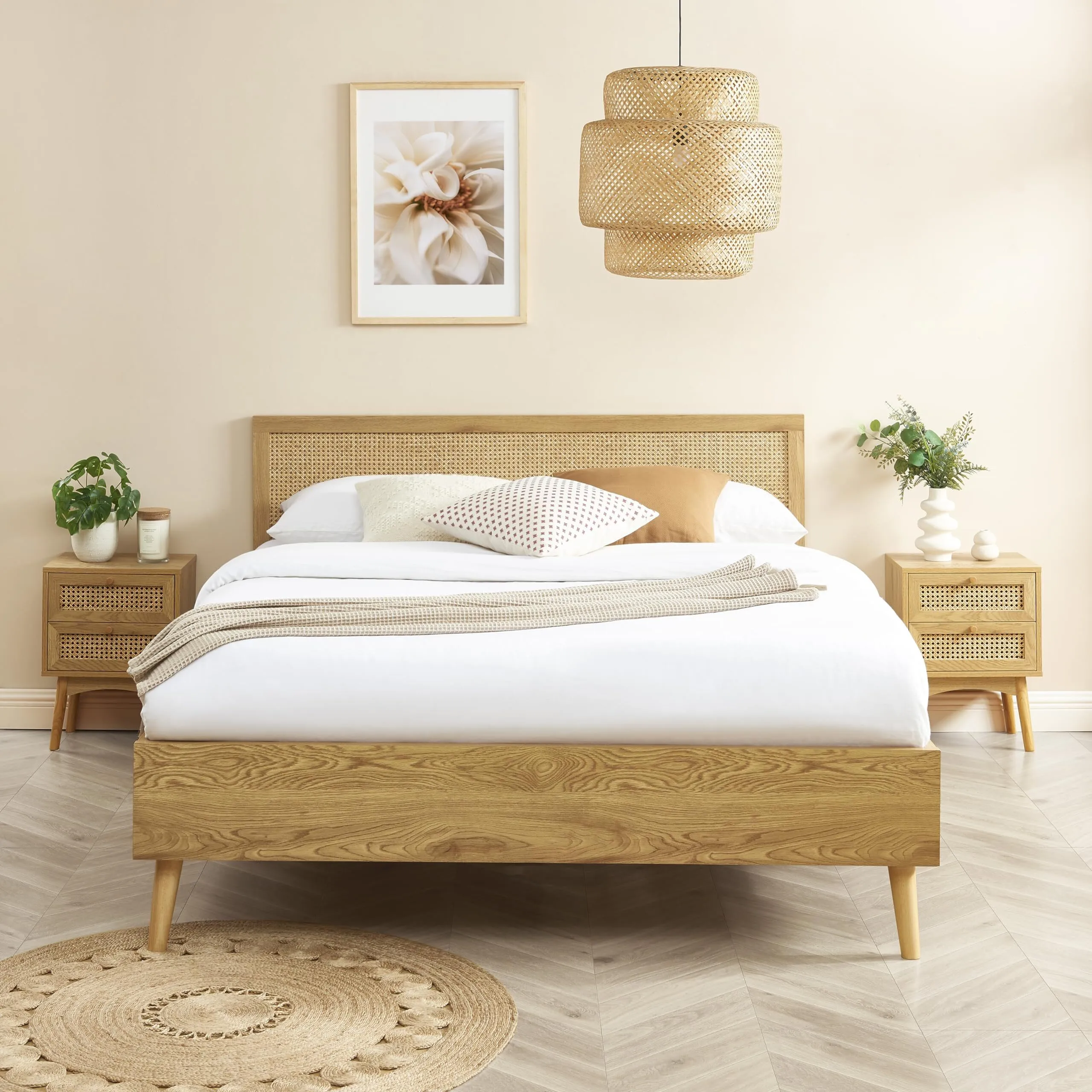 Rattan Cane Double Bed 160 x 200 cm Bed Frame Included Noise-Free Platform Bed Frame with Wooden Support Legs and Slats, Easy Assembly, No Box Spring Needed 1