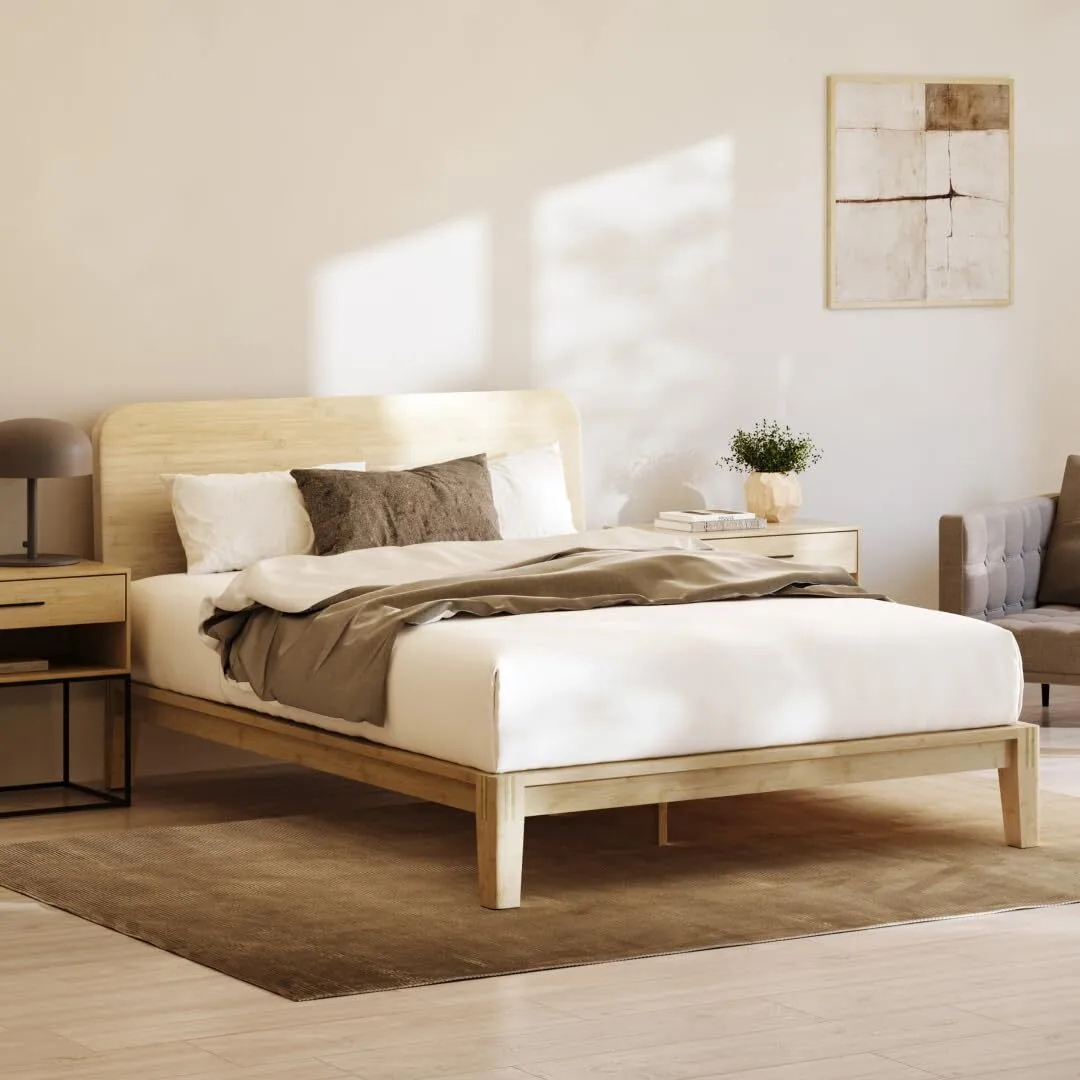 Bamboo Platform Bed Frame & Headboard - Natural - Queen - 12” Height - Easy Tool Free Set Up - Contemporary and Durable - Sturdy Wooden Slats for Support - Holds Up 1