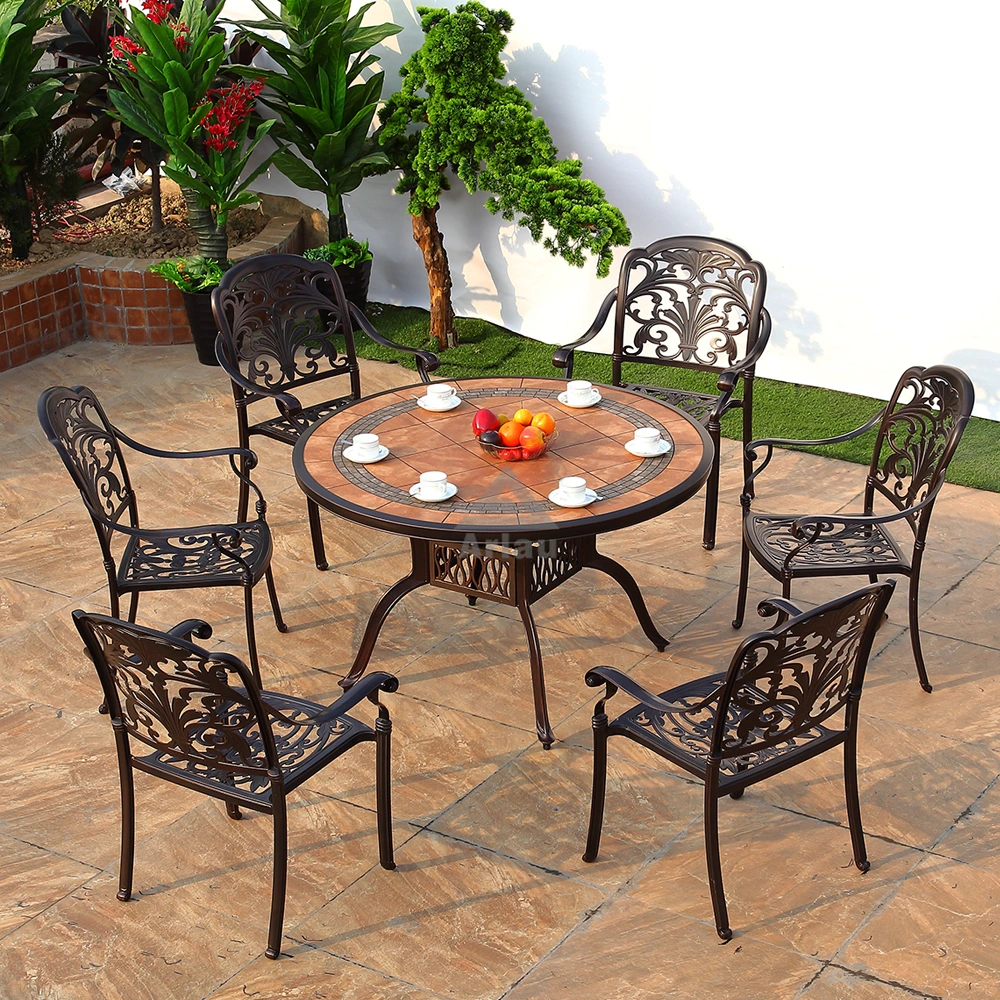 Vintage Garden Aluminum Marble Round Table Set Armrest Outdoor Casting Dining Set 6 Chairs Dining Table Furniture 1