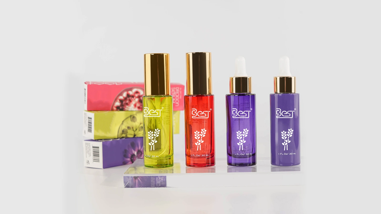 Luxury Flat-Shoulder Serum Bottles 30ml | Purple & Red Glass Cosmetic Bottles with Gold Caps | Airless Pump & Dropper Options BEST-311423 1