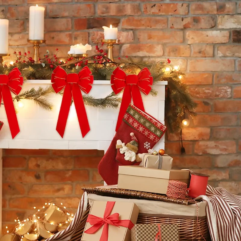 MSD Prêt à expédier Nœud de ruban de Noël en velours rouge pour la décoration du sapin de Noël et des fêtes 1