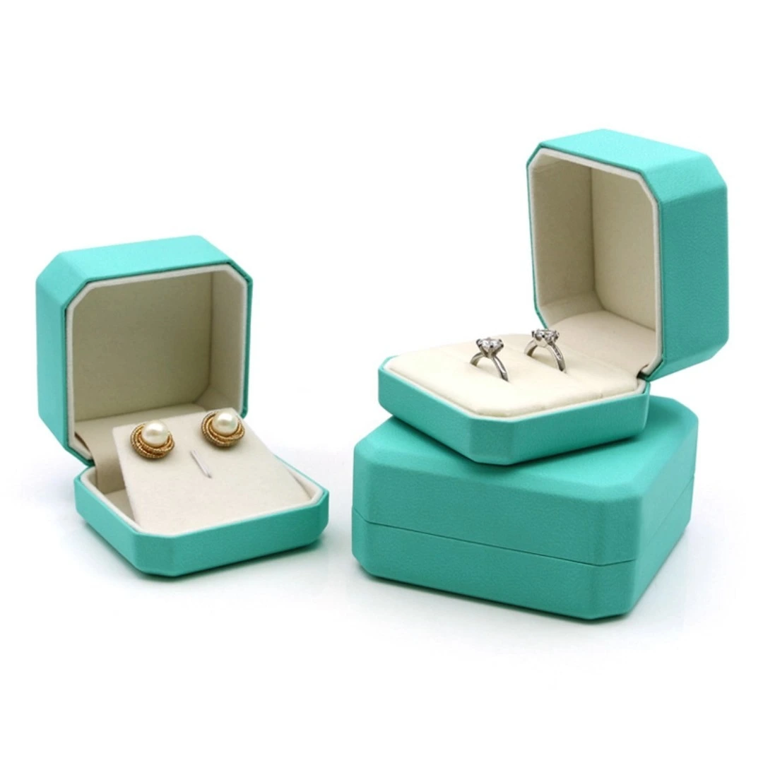 Octagonal PU leather light blue creative ring double diamond ring bracelet earrings necklace jewelry gift box 1