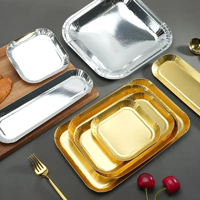 Golden Silver Trays Dinner Plates Disposable Paper Plate Birthday Wedding Party Tableware Golden Disposable Paper Tray 1