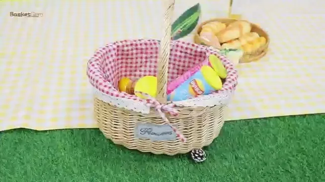 Wicker picnic basket with red plaid lining and rounded handles 1