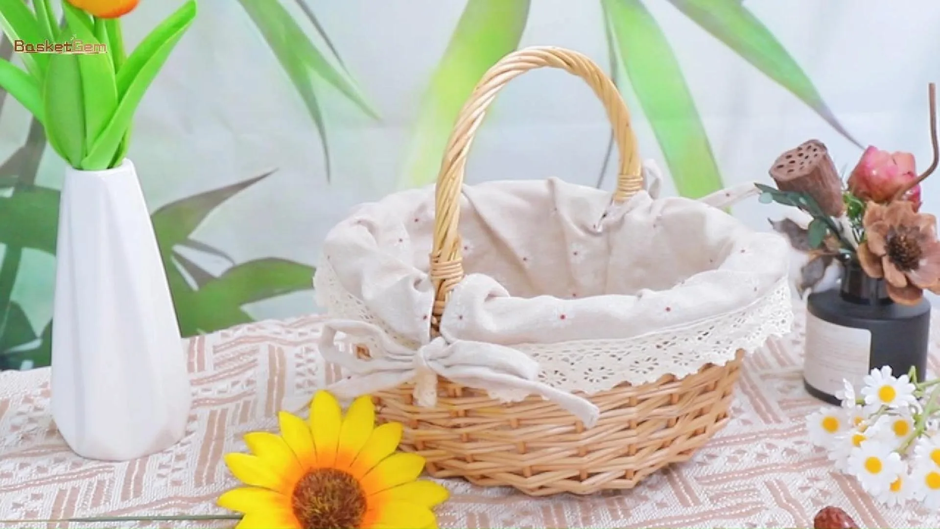 Rustic wicker storage basket with handles and floral lining 1