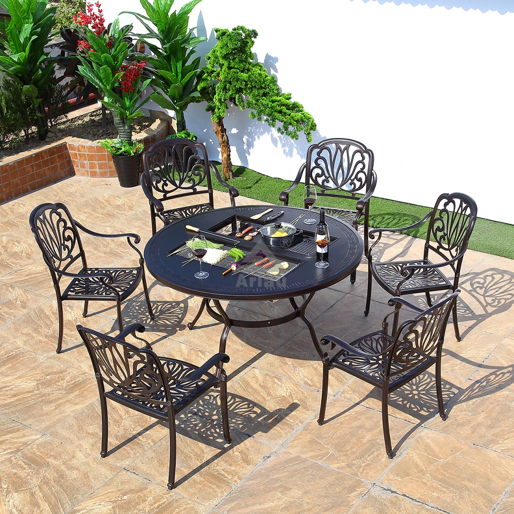 Venta caliente de mesa y sillas de aluminio fundido, juego de mesa de comedor impermeable para exteriores, para balcón, terraza, hotel, restaurante. 1