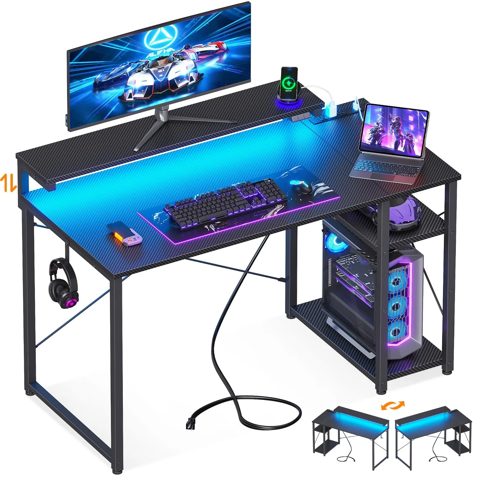 Gaming Desk with Led Lights  Power Outlet, 40 Inch Small Gaming Computer Desk with Shelves 1