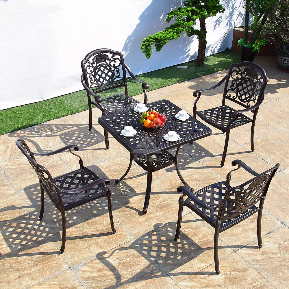 Black sand color cast aluminum outdoor dining table and chair set 5 pieces for patio backyard swimming pool 1