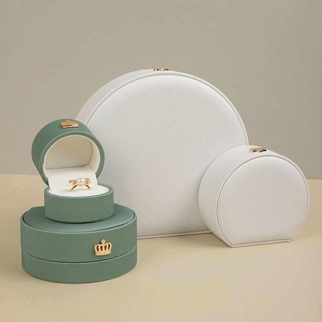 New senior PU leather half round crown jewelry box engagement wedding ring necklace earrings bracelet jewelry gift box 1