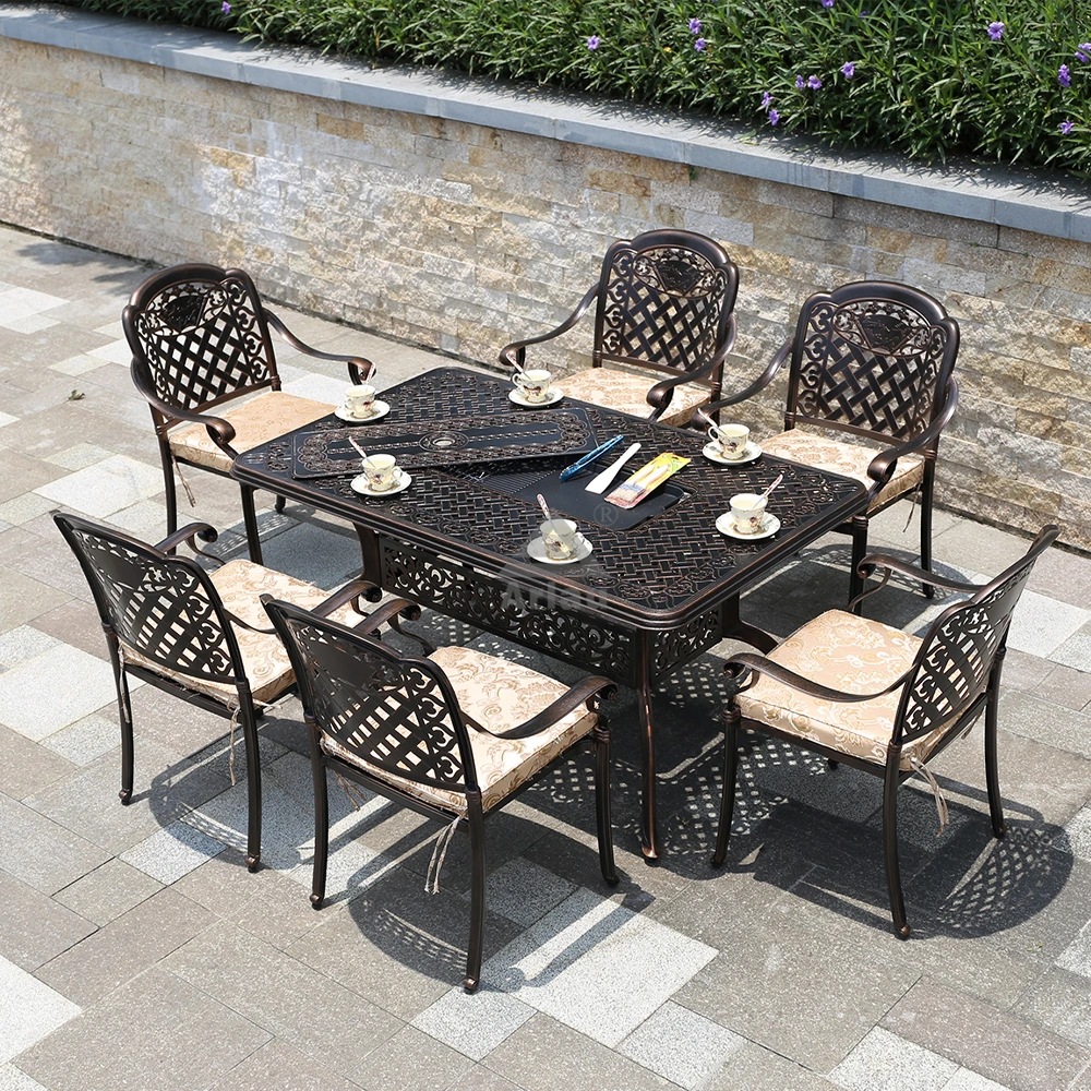 Custom patio outdoor cast aluminum dining table and chairs set 1
