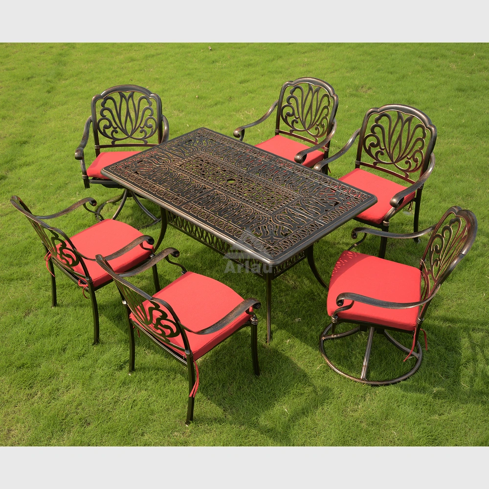 Mesa y silla de aluminio fundido de 7 piezas Juego de comedor de patio de patio de bronce antiguo y 6 sillas con cojines extraíbles 1