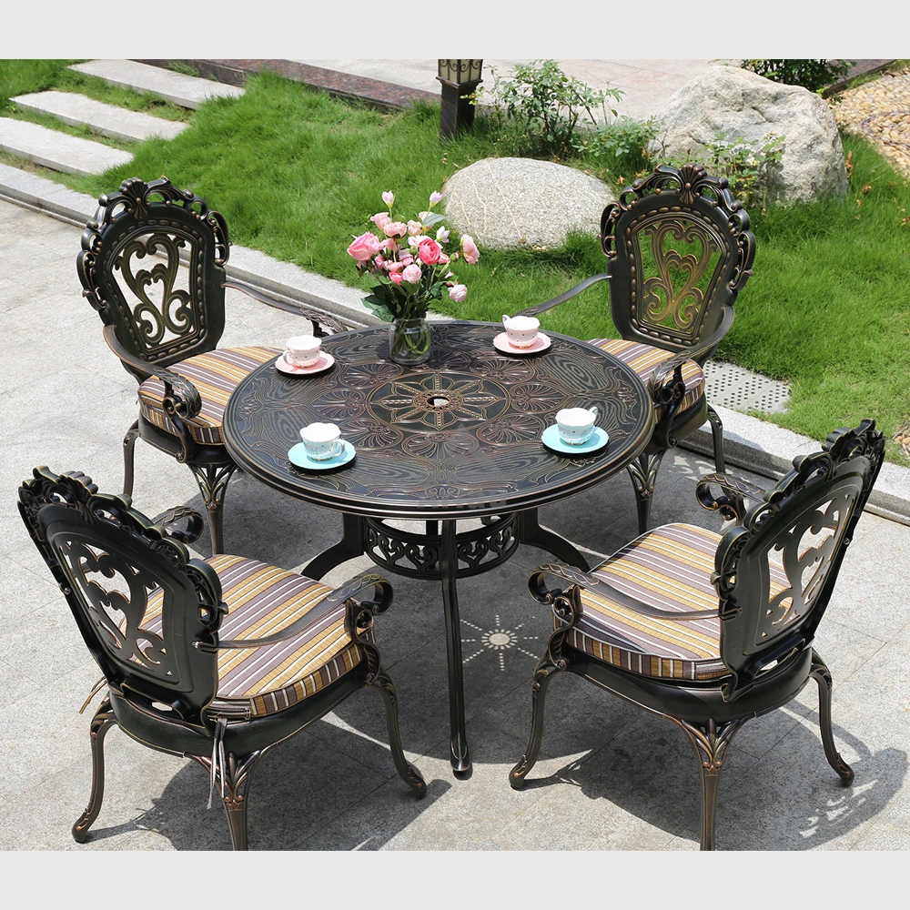 Mesa de muebles de patio de aluminio fundido mesa y sillas de arte adecuadas para barbacoa con balcón de patio y lugares al aire libre 1