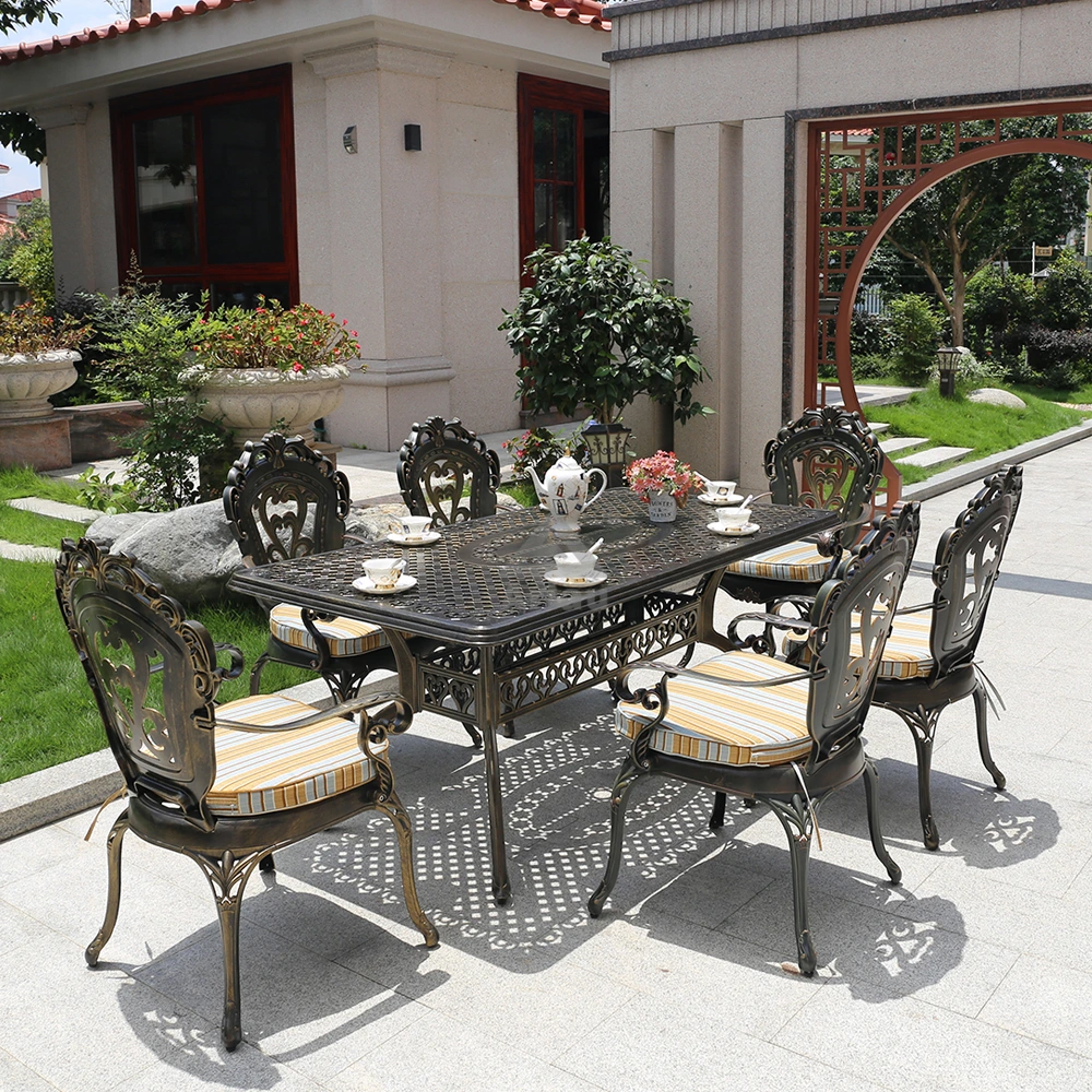 High Quality Outdoor Patio Rectangular Dining Table and Chair Set 9 Piece Cast Aluminum - Premium Fabric Cushions 1